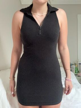 wild fable Black Ribbed Zip-Collar Mini Dress
